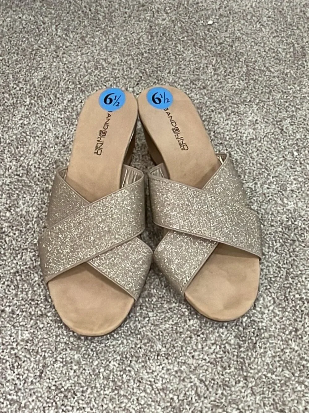 Bandolino Gamma Gold Glitter Elastic Strap Wedge Slide Sandals Size 6.5 NWT